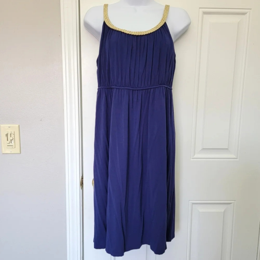 Style & Co Macys Navy Blue Jersey Knit Dress Gold Braid Trim Grecian Size M